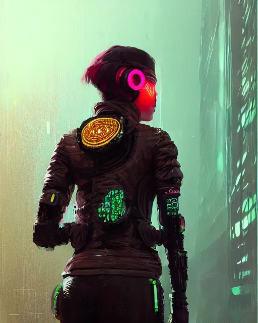 Prompt: detailed portrait Neon guard woman with very short brown hair seen from the back, cyberpunk futuristic, reflective puffer jacket, black leggings, decorated with traditional ornaments by Ismail inceoglu dragan bibin hans thoma, Perfect face, fine details, realistic shaded, fine-face, pretty face