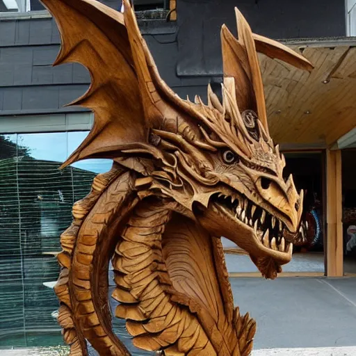 Prompt: a dragon sculpture carved in wood.