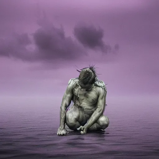 Image similar to a weeping demon crouching in the middle of a shallow sea, purple sky and black clouds, in style of Francis Bacon, hd, 8k resolution, high detail