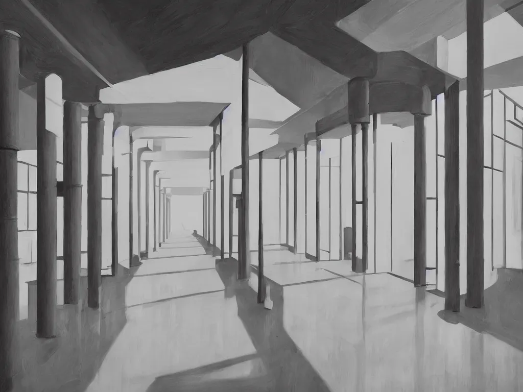 Prompt: colorful minimalist industrial interior hallway with monolithic pillars in the style of ridley scott and stanley kubrick, impossible stijl architecture, science fiction, lone silhouette in the distance, ultra wide angle view, cinematic, noir, god rays, volumetric lighting, realistic detailed painting by edward hopper