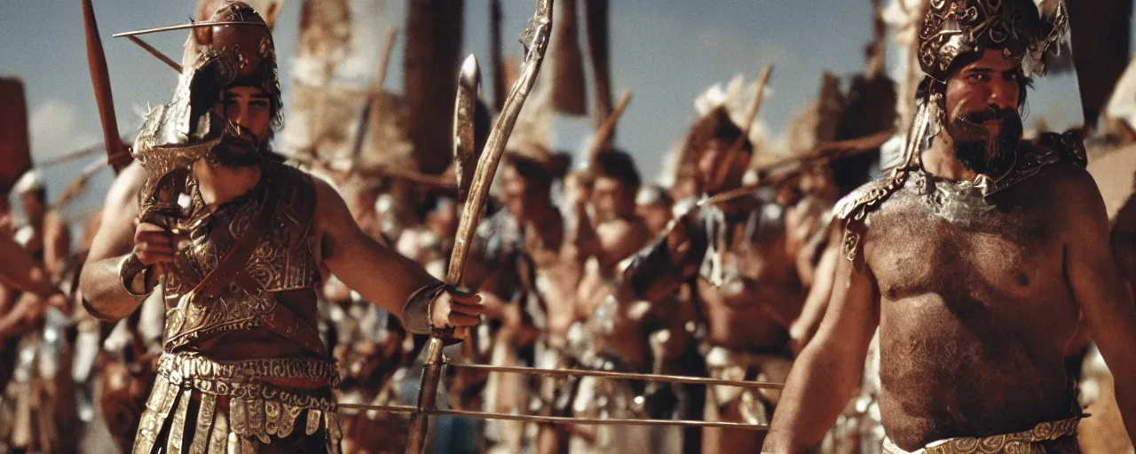 Image similar to a greek warrior with a spear, cloudy, small details, intricate, canon 5 0 mm, high detail, intricate, cinematic lighting, photography, wes anderson, film, kodachrome