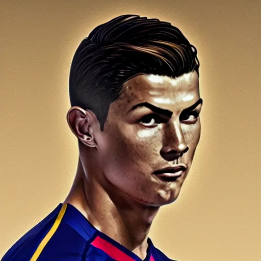 Image similar to christiano ronaldo, 3 d character art, wearing a barcelona jersey, symmetrical facial features, from arknights, hyper realistic, 4 k, rule of thirds, extreme detail, detailed drawing, trending artstation, realistic lighting, by alphonse mucha, greg rutkowski, short neck