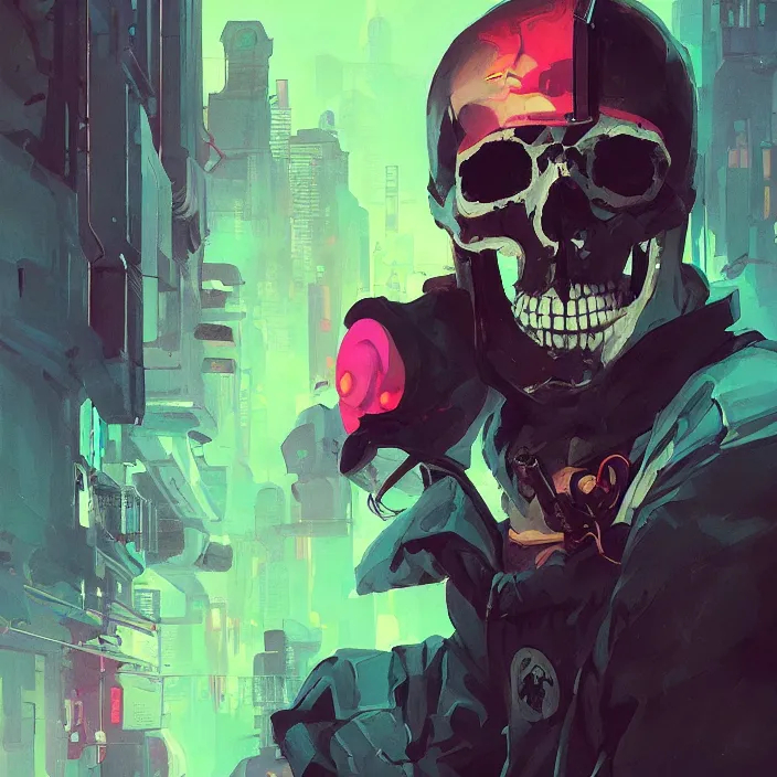 Image similar to a colorful comic noir illustration painting of a cyberpunk skull by sachin teng, sergey kolesov, greg rutkowski, in style of digital art. hyper detailed, sharp focus, soft light. octane render. ray tracing. trending on artstation