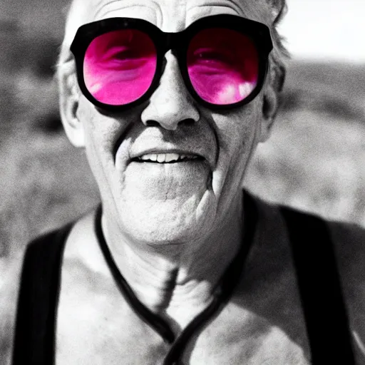 Prompt: a portrait of a happy old man, pink sunglasses by anton corbijn