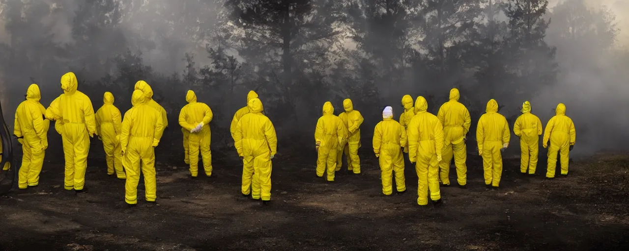 Prompt: wide angle associated press photo of a group of firefighters wearing yellow hazmat suits, silhouette, dramatic lighting, 4 k photo