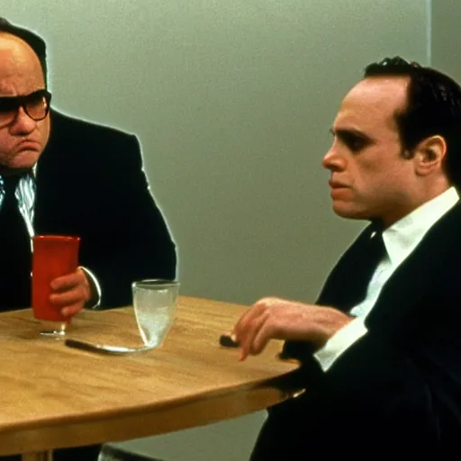 Image similar to Danny Devito in American Psycho, cinematic film still