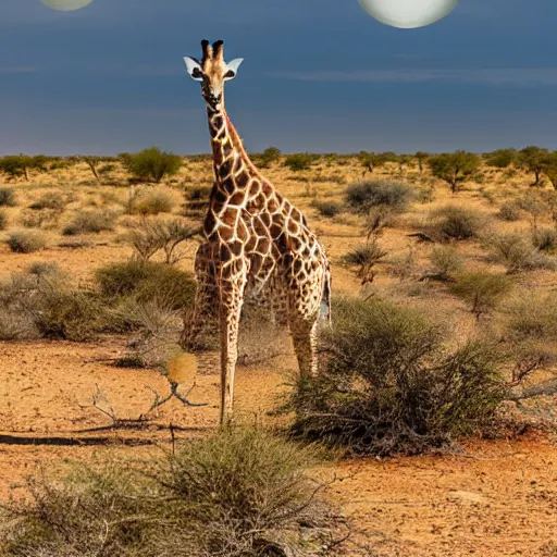 Prompt: giraffe grazing in the arid desert surrounded by cactus trees national geographic wild 400mm aspect ratio focal detailed proportional sky clouds safari magazine editorial animal planet