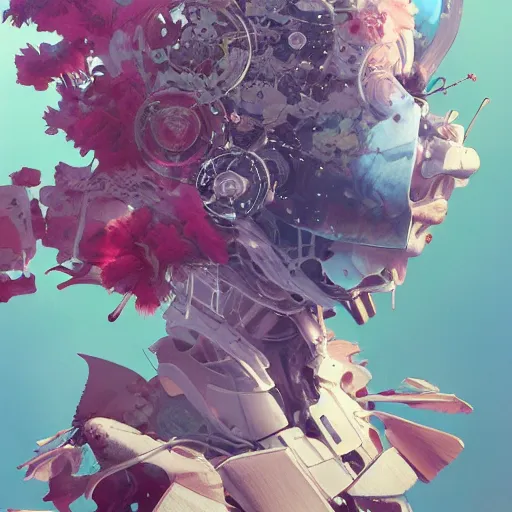 Image similar to surreal gouache painting, by yoshitaka amano, by ruan jia, by conrad roset, by kilian eng, by good smile company, detailed anime 3 d render of a mechanical android head with flowers growing out, portrait, cgsociety, artstation, modular patterned mechanical costume and headpiece, retrowave atmosphere