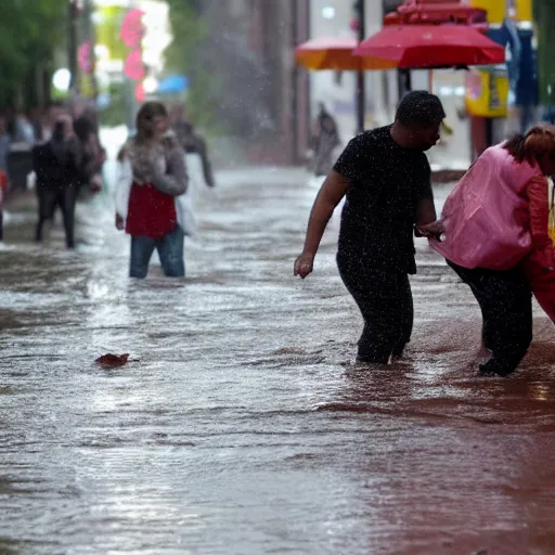 Image similar to people on street get flooded on chocolate liquid rain,