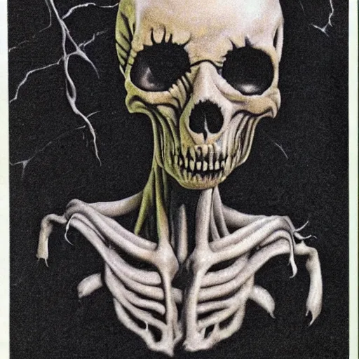 Prompt: alien looking, skull like, big forehead, horrifying, killer, creepy, dead, monster, tall, skinny, open mouth, deathly, old photo, turning yellow