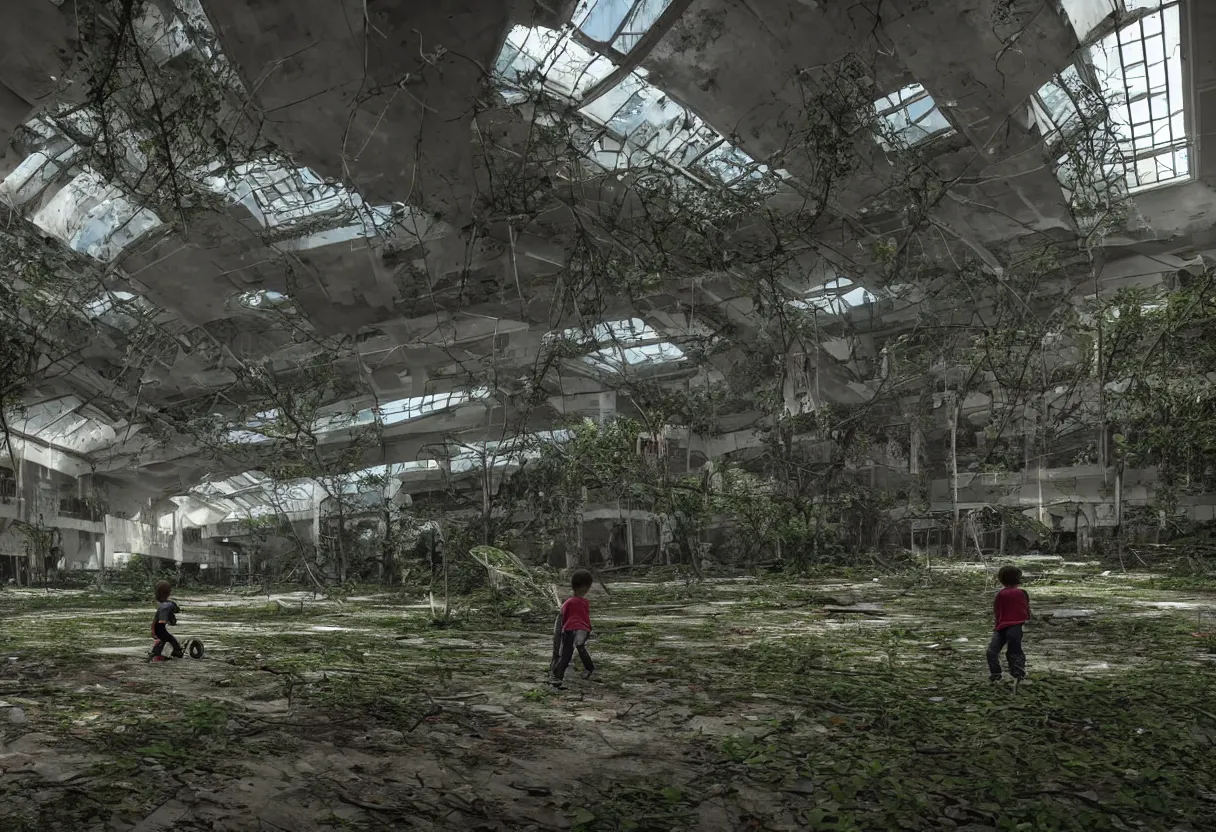 Prompt: kids lost in an abandoned mall, bmx bikes, back packs, jumpsuits, photography, hyper realistic spooky lighting, overgrowth, vines, god rays, debris, collapsed interiors, smashed glass, escalators, abandoned cars