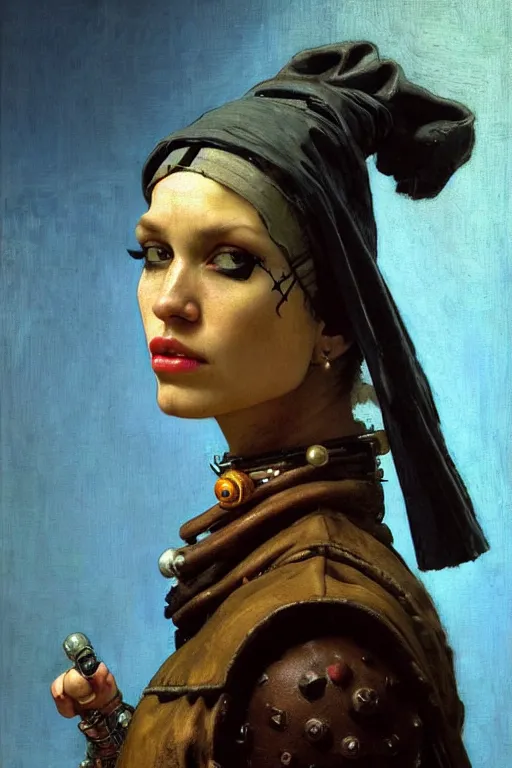 Image similar to full character portrait max mad cyberpunk warhammer 4 0 k, tech priest not the girl with the pearl earring character design, painting by gaston bussiere, katsuya terada, wyeth, greg rutkowski, barlowe, craig mullins, ( ( ( ( ( vermeer ) ) ) ) ), frank frazetta, mucha, tom of finland, trending on artstation