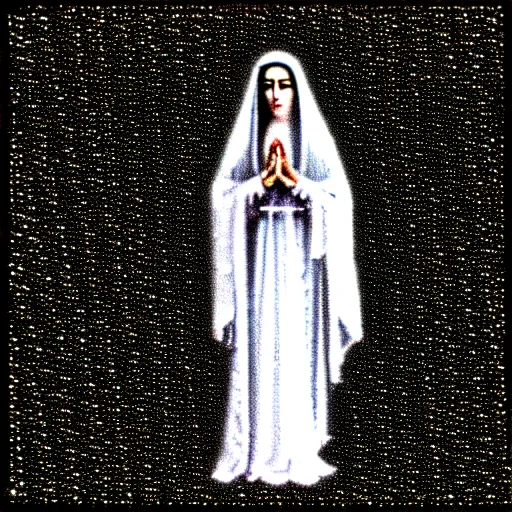 Image similar to vhs static overlay of marian apparition, vhs, 1 9 9 0, highly realistic, highly detailed, vhs noise static, black and white, vhs glitch