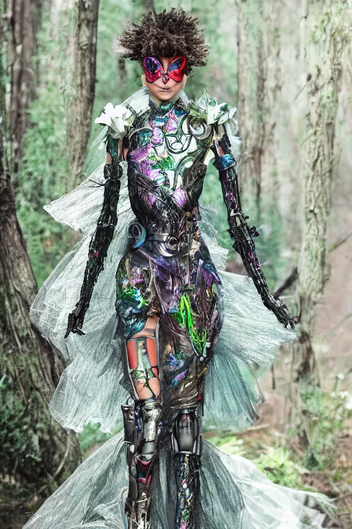 Prompt: scifi ethereal forestfolk cybernetic fairy valentino fashion, cinematic