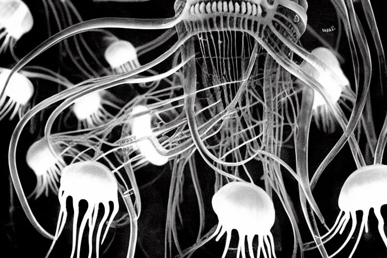 Prompt: jellyfish headless xenomorph wires plugs, psycho stupid fuck it insane, looks like death but cant seem to confirm, cinematic lighting, bioluminescence fluorescent phosphorescent, various refining methods, micro macro autofocus, ultra definition, award winning photo, to hell with you, glowing bones, devianart craze, photograph by gammell giger