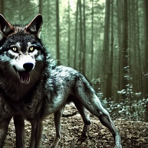 Prompt: werecreature consisting of a wolf and a human, photograph captured in a dark forest