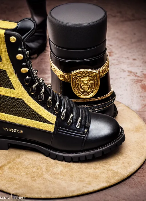 Image similar to hyperrealistic and heavy detailed product photo versace boot of judge dredd, in front of white back drop, whole shoe is in picture, leica sl 2 5 0 mm, vivid color, high quality, high textured, real life