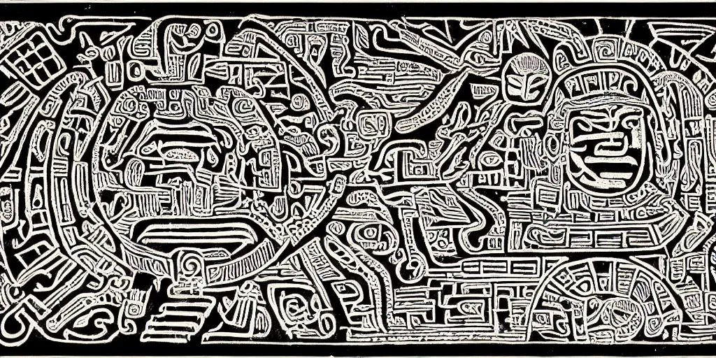 Image similar to mayan hieroglyph blueprints to a spaceship