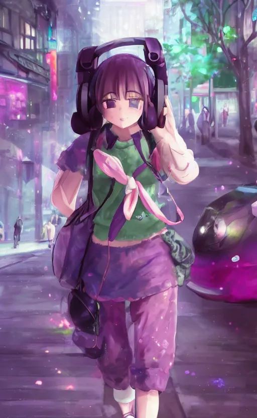 Image similar to anime girl with pink ponytail, wearing purple headphones, wearing a green sweater, with a smile on her face and her eyes closed, walking down a street, dynamic lighting, photorealistic fantasy concept art, trending on art station, very detailed, anime concept art, stunning visuals, creative, cinematic, ultra detailed