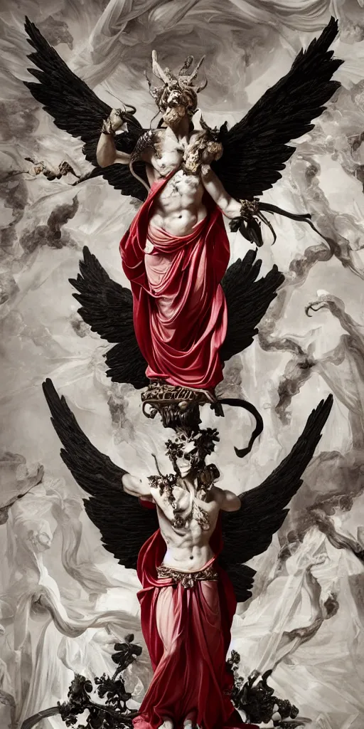 Prompt: a full-body baroque delicate marble sculpture of handsome Lucifer with wings and wearing around his neck a wreath of souls while holding a flaming skull, superhero pose in front of a brimstone throne, red silk flowing fabric, flying black demon cherubs in the background, marble white columns, black plastic, black tar particles, intricate artwork by caravaggio, Trending on artstation, octane render, cinematic, hyper realism, octane render, 8k, depth of field, bokeh. iridescent accents. vibrant. sakura color scheme