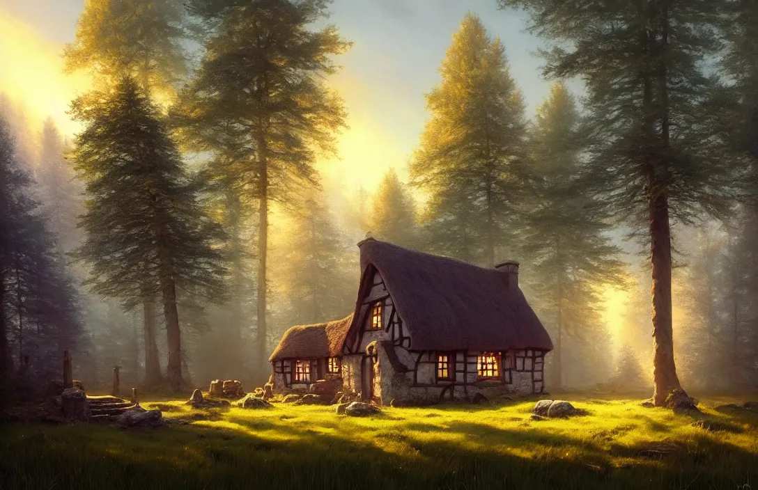 Prompt: small tudor cottage in a field near a pine forest, blue sky, fantasy, concept art, high angle, highly detailed, warm lighting, volumetric, godrays, vivid, trending on artstation, by jordan grimmer, greg rutkowski