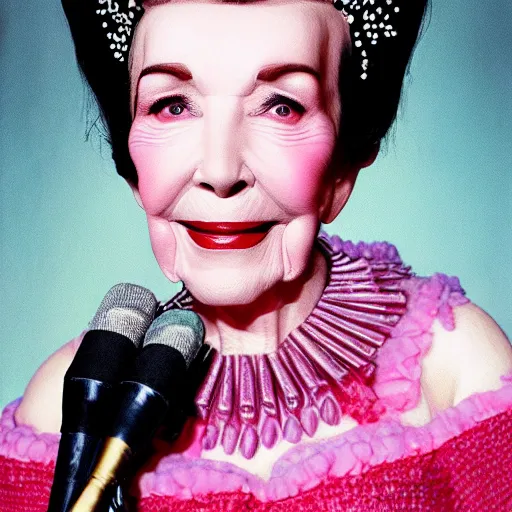 Image similar to nancy reagan dressed as bjork, painted by mark ryden,