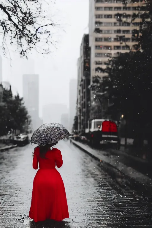 Image similar to a girl in a red dress crying in the middle of a city while its raining