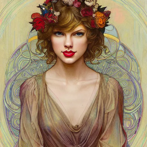 Image similar to romantic painted portrait of taylor swift by james jean, mucha, masterpiece