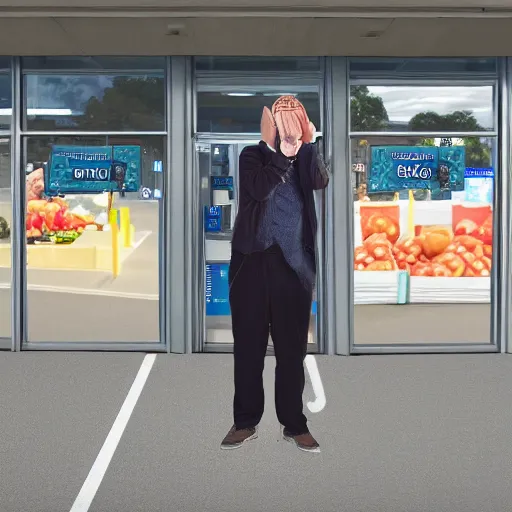 Image similar to a man terrified of entering an aldi supermarket, photo realistic