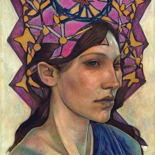 Image similar to the bone crown, by Annie Swynnerton!! and Nicholas Roerich and ((((((Diego Rivera)))))), embroidered robes, floral tattoos, bioluminescent skin!, elaborate costume, geometric ornament, symbolist, soft colors, dramatic lighting, smooth, sharp focus, extremely detailed