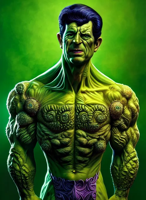 Prompt: portrait of prince charles as the hulk, hyperdetailed illustration by irakli nadar and alexandre ferra, volumetric lighting, celtic fantasy art, psychedelic, intricate, hyper detailed, smooth, vibrant aura, intricate linework, white porcelain skin, faberge, coral
