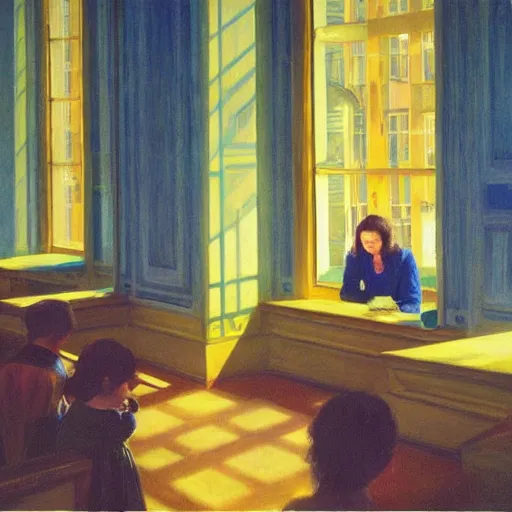 Prompt: of a girl in a blue and gold library, film still by edward hopper, by gottfried helnwein, by klimt, art noveau, highly detailed, strong lights, liminal, eerie, bright pastel colors,