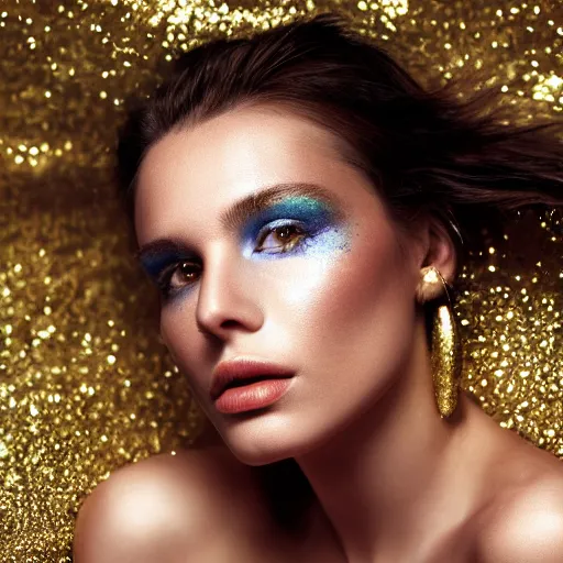 Image similar to extreme close up portrait of stunningly beautiful girl, gold dust make up, high res photo, 8 k, by mario testino