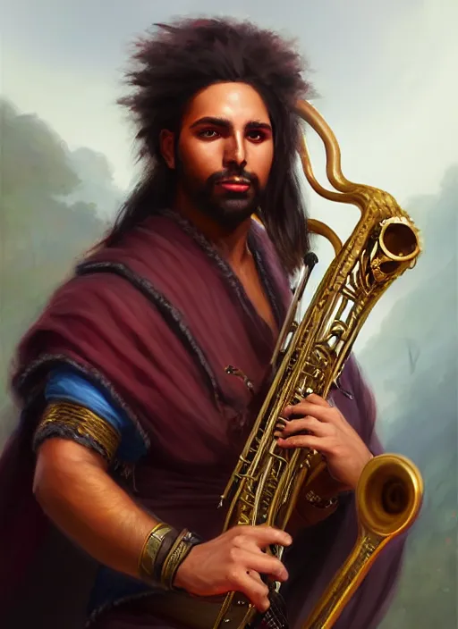 Prompt: a _ fantasy _ style _ portrait _ painting _ of islander male charismatic bard playing instrument, rpg dnd oil _ painting _ unreal _ 5 _ daz. _ rpg _ portrait _ extremely _ detailed _ artgerm _ greg _ rutkowski _ greg