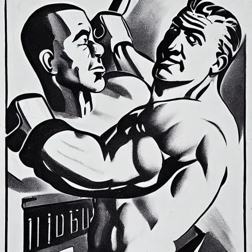 Image similar to propaganda poster of an incredibly muscular man with a sledgehammer cuddling with a machine robot, sketch, monochrome, bela uitz