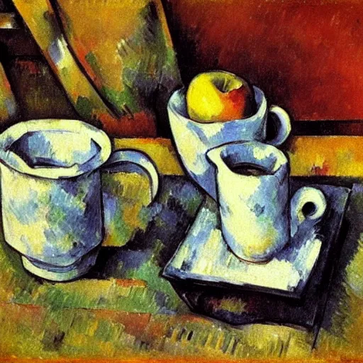 Image similar to Still life of an apple and mug of coffee on school desk, Paul Cezanne