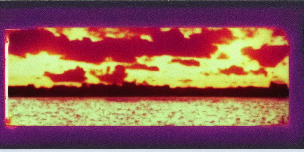 Prompt: analog polaroid of a purple and red sunset, gritty, color bleed, bright sunlight