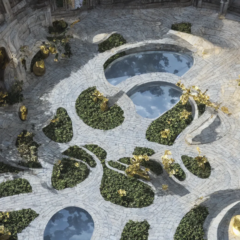 Prompt: an incredibly smooth curvilinear neo baroque interior architectural sculptural garden, a highly reflective golden pool on the ground is envelope by folding white surfaces, blue light, visually satisfying architecture render