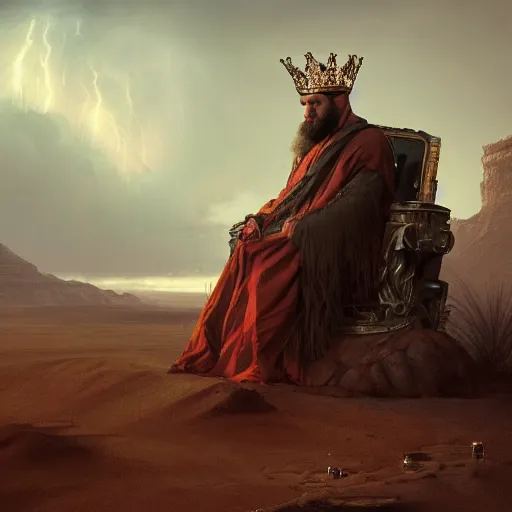 Image similar to a man with a crown on his head, dressed in a robe, sitting on a throne, in the desert, in the background a thunderstorm, by greg rutkowski, digital art, epic, 8 k, hyperdetalied, cgsociety,