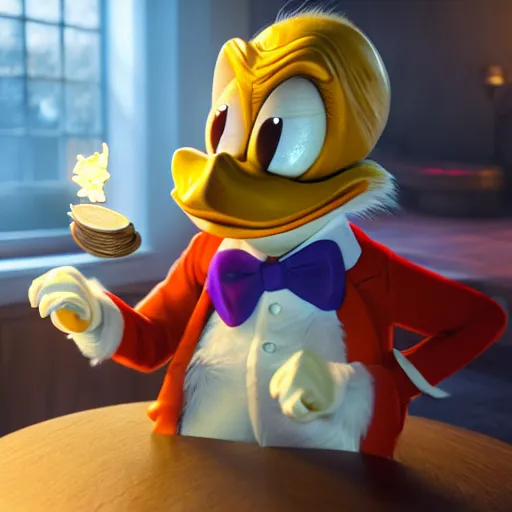 Image similar to A beautiful hyper realistic ultra detailed lifelike cinematic still of Scrooge McDuck, unreal engine, deviantart, flickr, artstation, octane render, textured, colorful, extreme realistic detail, physically based rendering, pbr render, very detailed, volumetric lighting, detailed lighting, octane render, 4k, cinematic lighting, 8k resolution