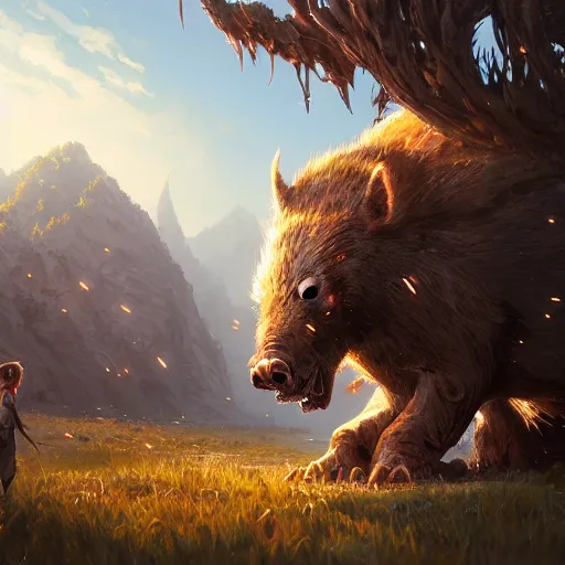 Image similar to highly detailed big angry boar, stephen bliss, unreal engine, fantasy art by greg rutkowski, loish, rhads, ferdinand knab, makoto shinkai and lois van baarle, ilya kuvshinov, rossdraws, tom bagshaw, global illumination, radiant light, detailed and intricate environment