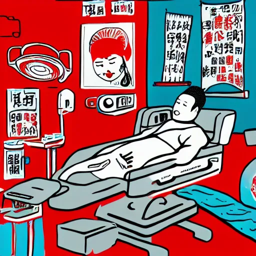 Image similar to chinese surgery operating table, in the style of daniel johnston and outsider art, 8k, line brush, minimal, hard lines, overlaid with traditional chinese adverts