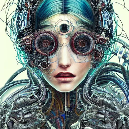 Image similar to beautifully stunning biopunk woman_integrating_with_technology_full_face_insipiring_detailed_intricate_ornate_cables_connected_to_head_big_open_electric_eyes_ the_singulairty is now by android jones