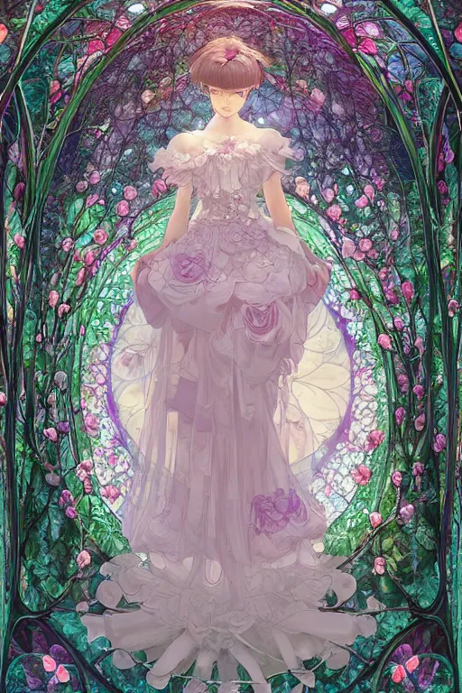 Prompt: a beautiful hyperdetailed physical render of absolutely beautiful princess that wear rose flower wedding gothic lolita dress clothing stay in blooming flower house alone, symmetric face, dazzling light beam penetrated through the window, perfectly shaded, atmospheric lighting, style of makoto shinkai, raphael lacoste, louis comfort tiffany, artgerm, karol bak, james jean, ross tran