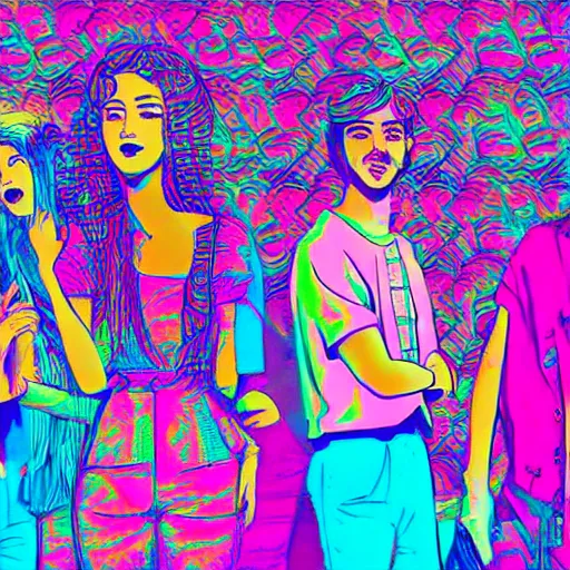 Image similar to group of frends vibing, vaporwave style, magenta cyan, psychedelic