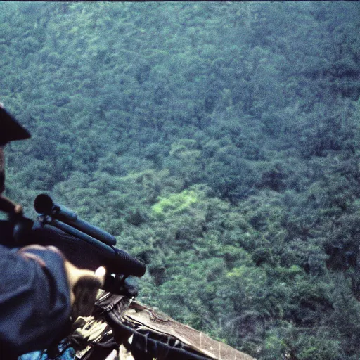 Prompt: film still, extreme far view, george costanza, jungle, vietnam door gunner, apocalypse now, associated press, 2 6 mm, kodak ektachrome, blue tint expired film