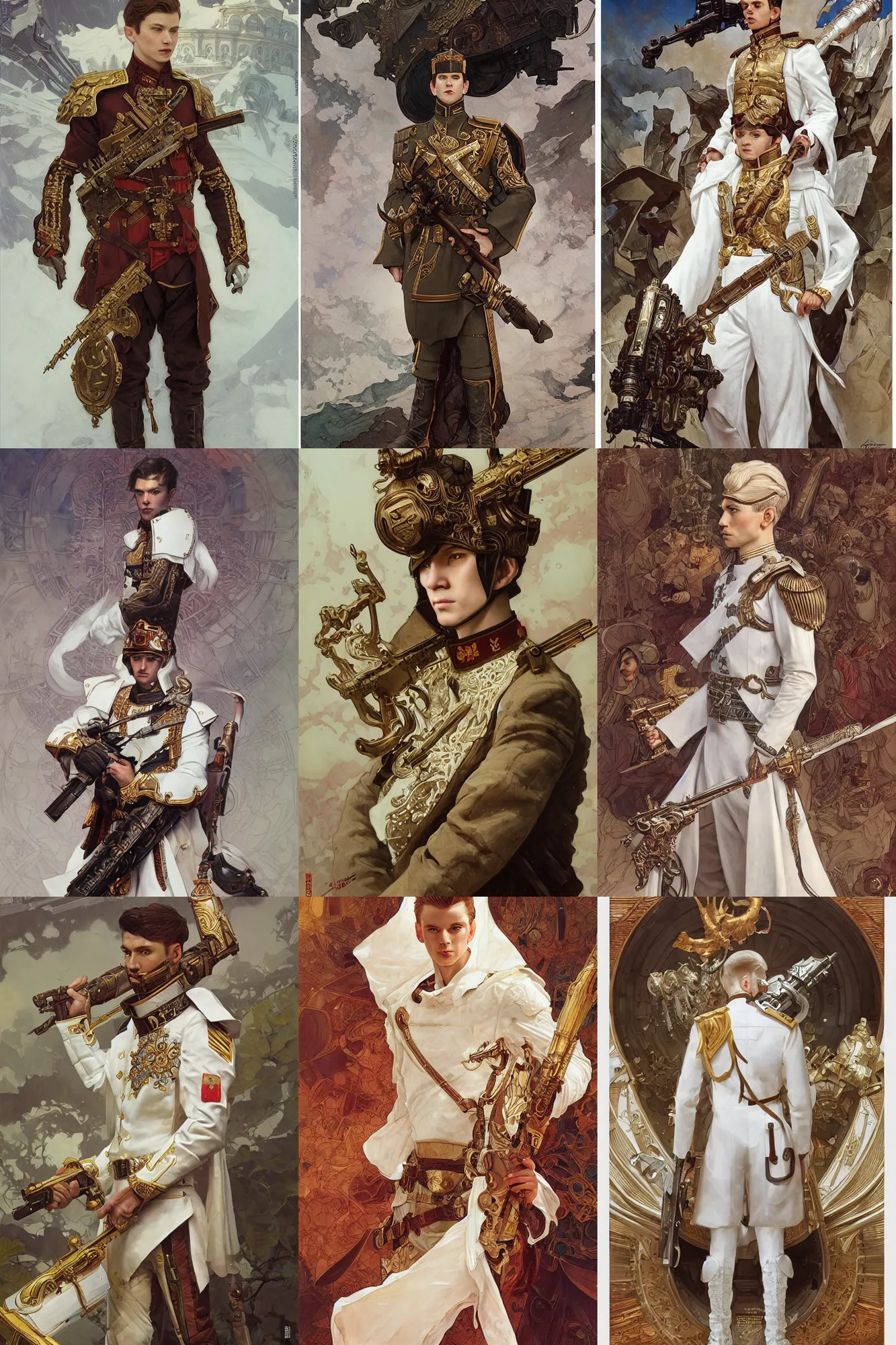 Prompt: young male imperial guard, white russian clothes, fantasy, highly detailed, intricate, smooth, art by joseph leyendecker, peter mohrbacher, ruan jia, marc simonetti, ayami kojima, cedric peyravernay, alphonse mucha, victo ngai