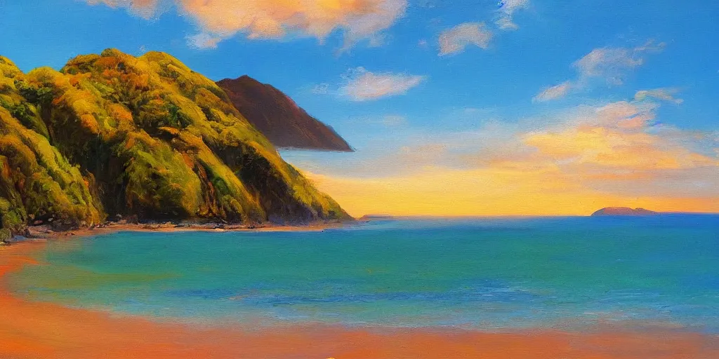 Image similar to golden bay new zealand, abel tasman, colorful oil painting, trending on artstation