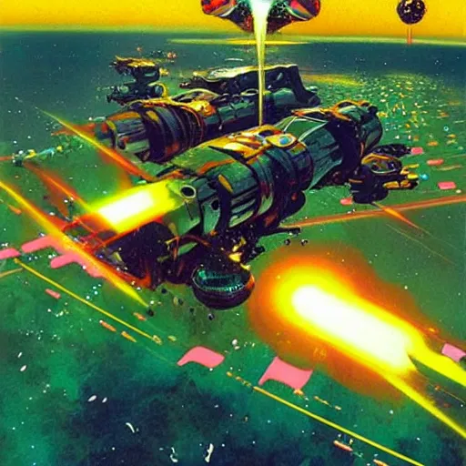 Image similar to eldritch, futuresynth by chris foss jaunty. a beautiful digital art of a space battle with wild, bright colors.