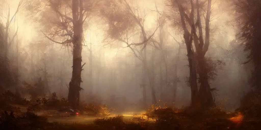 Image similar to an old house with red light on from the windows during the night in a forest, mystical fog, oil on canvas, details, a desert road next to the house, art by andreas achenbach and alena aenami